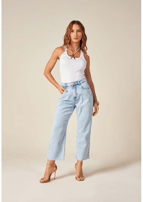 Calça Wide Leg Reta Cropped Com Corte A Fio Bana Bana