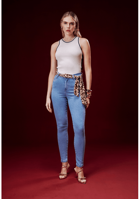 Calça Jeans Skinny com Lenço e Cintura Alta