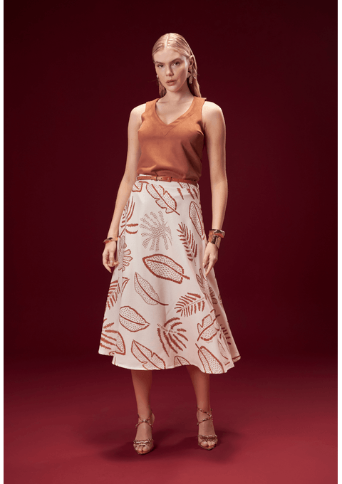 Saia Midi Estampada Com Cinto