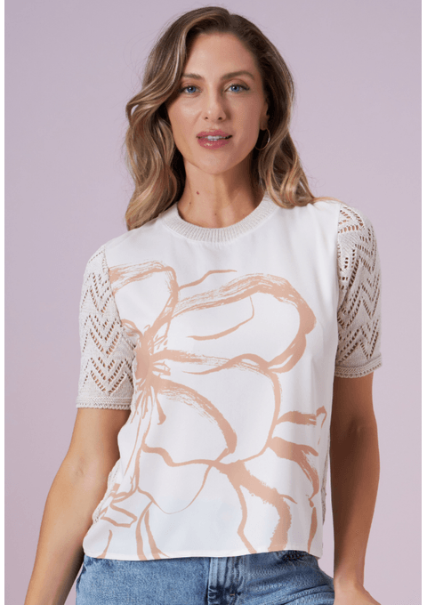 T-Shirt Estampada com Mangas de Tricot