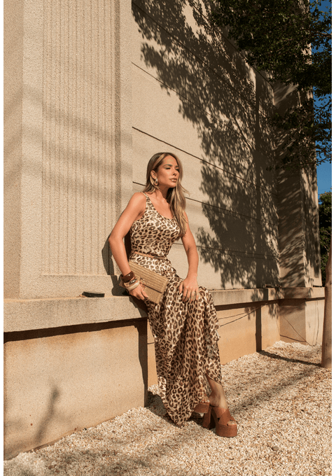 Vestido Longo Estampado Com Cinto