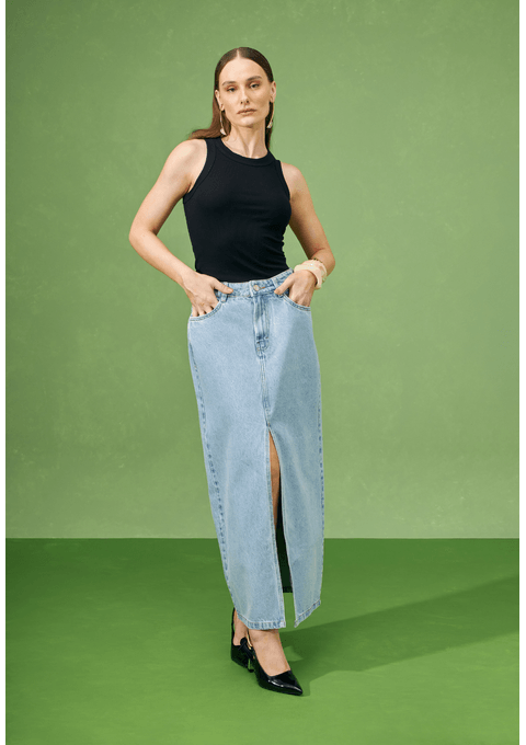 Saia Jeans Midi com Fenda Frontal