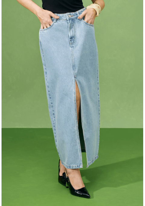 Saia Jeans Midi com Fenda Frontal