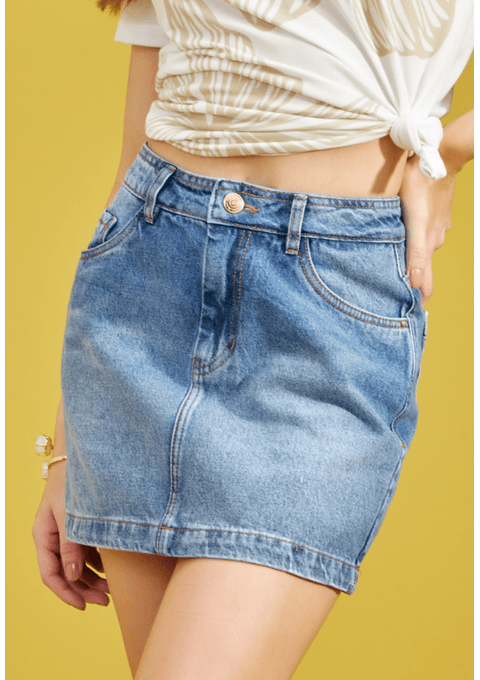 Saia Jeans Amanda com Bolsos e Lavagem Escura