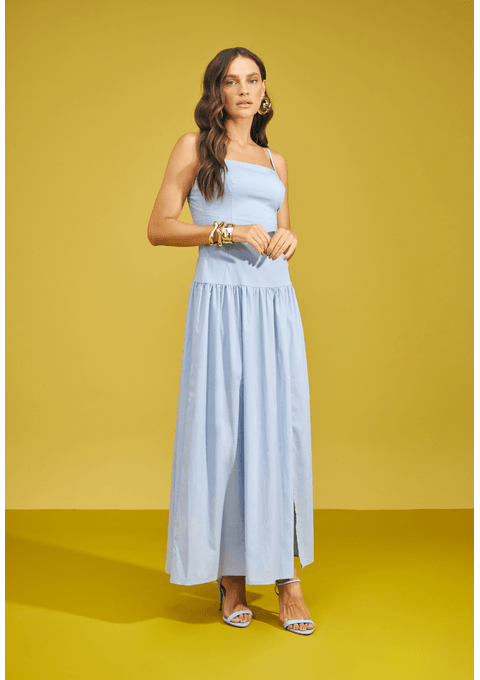 Vestido Longo com Franzido e Fenda