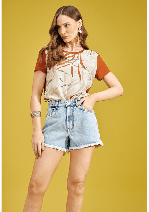 T-shirt com Estampa de Folhagem e Manga Contraste