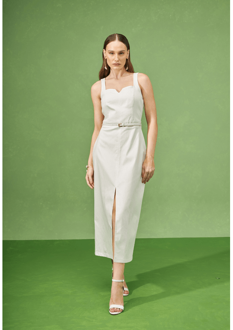 Vestido Midi com Cinto e Fenda