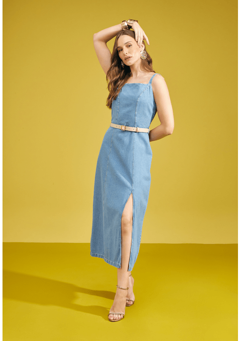 Vestido Jeans com Fenda Frontal e Cinto