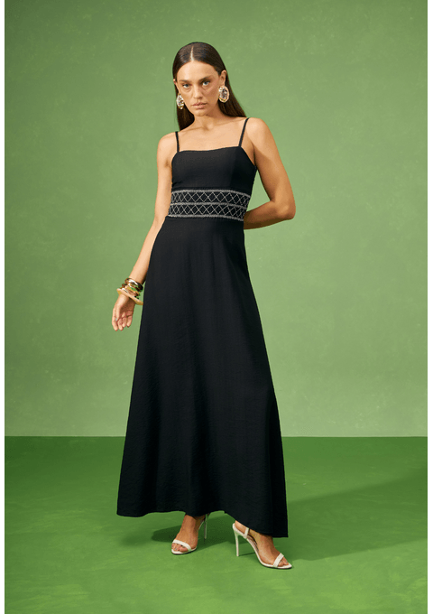 Vestido Longo com Alças Finas e Bordado