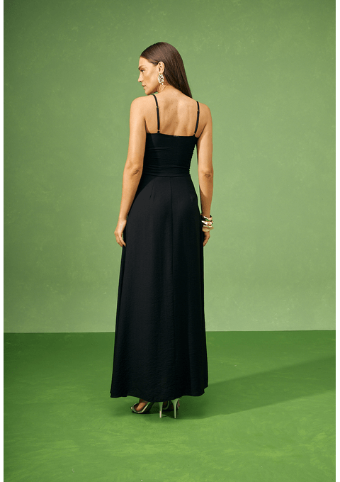 Vestido Longo com Alças Finas e Bordado