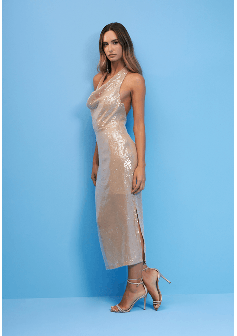 Vestido Midi com Caimento Fluido e Decote Halter