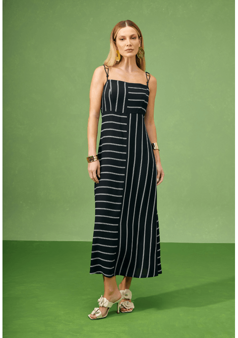 Vestido Midi com Listras Contrastantes
