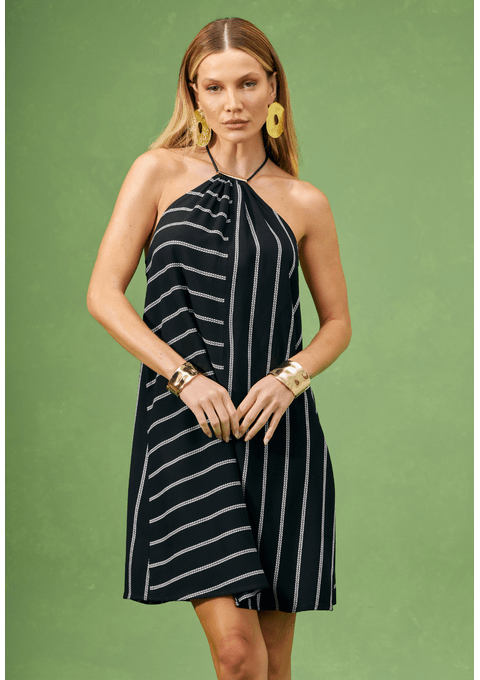 Vestido Curto Listrado com Decote Halter