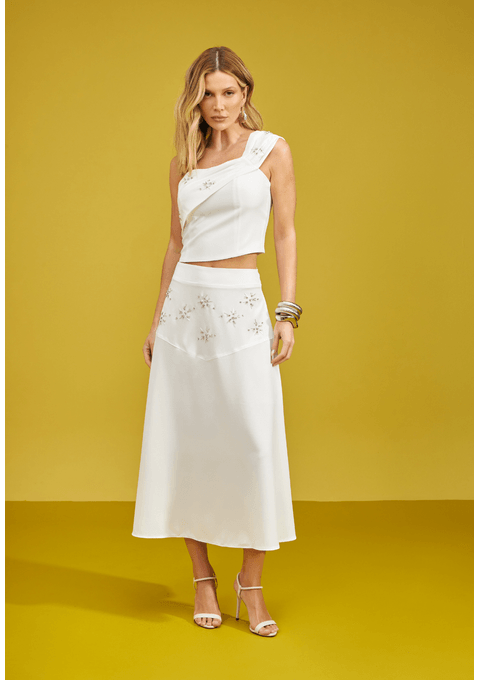 Conjunto Cropped e Saia Bordado