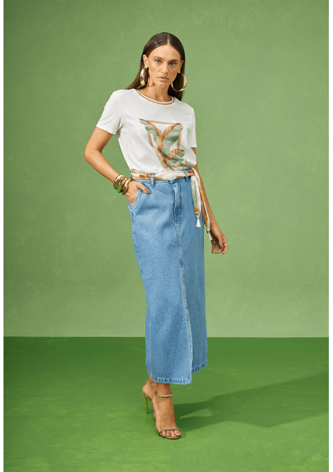 Saia Jeans Amanda Midi com Lenço Estampado