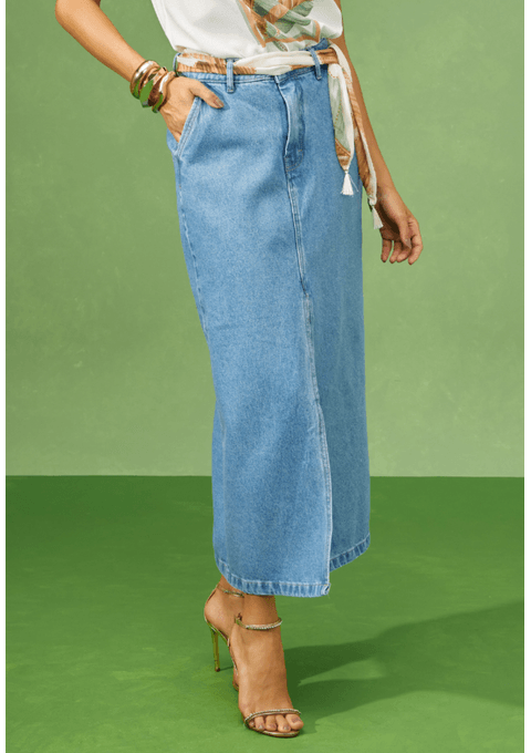 Saia Jeans Amanda Midi com Lenço Estampado