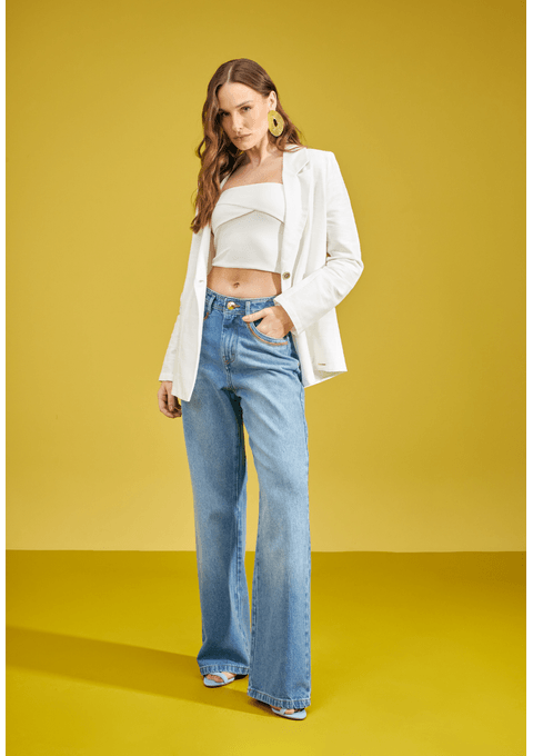 Calça Jeans Wide Leg com Bordado Boca de Bolso