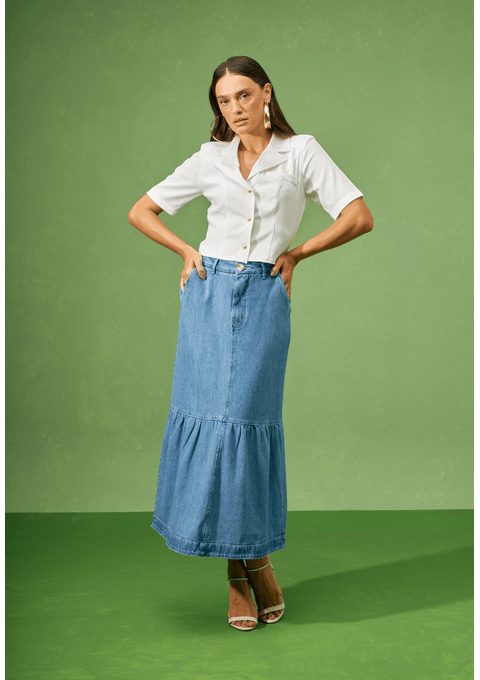 Saia Mom Jeans Midi Com Recorte Babado