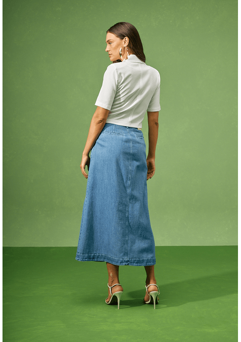 Saia Mom Jeans Midi Com Recorte Babado