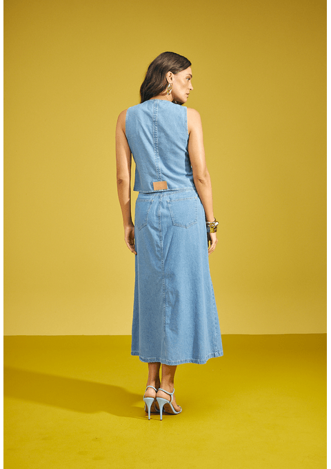 Saia Jeans Amanda Midi com Recortes e Cintura Alta