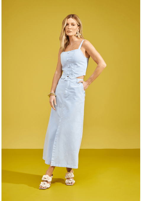 Saia Jeans Mom Midi com Abertura Frontal Collor