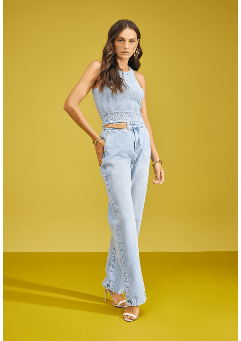 Calça Jeans Reta com Detalhe em Couro