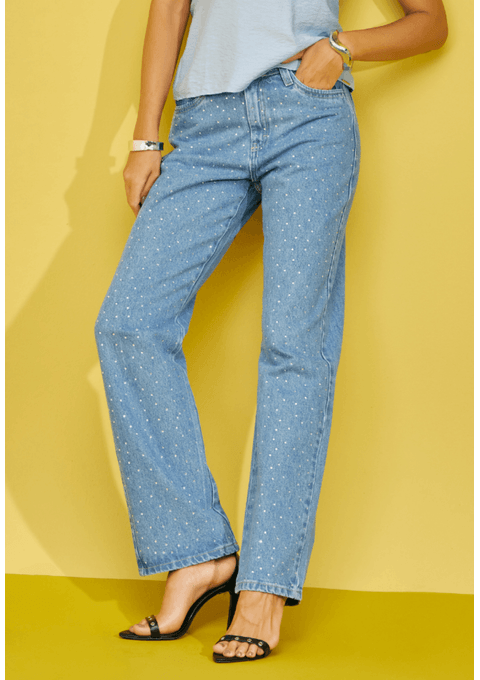 Calça Jeans Reta com Aplicação de Termocolante