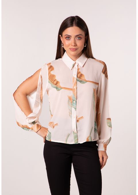 Camisa Estampada com Botões e Manga Longa