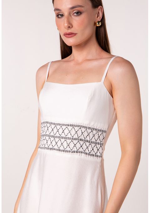 Vestido Longo com Alças Finas e Bordado