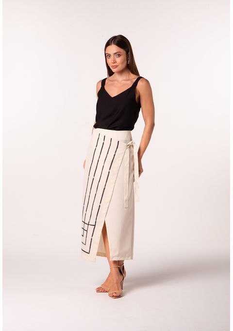 Saia Midi Transpassada com Estampa Geométrica