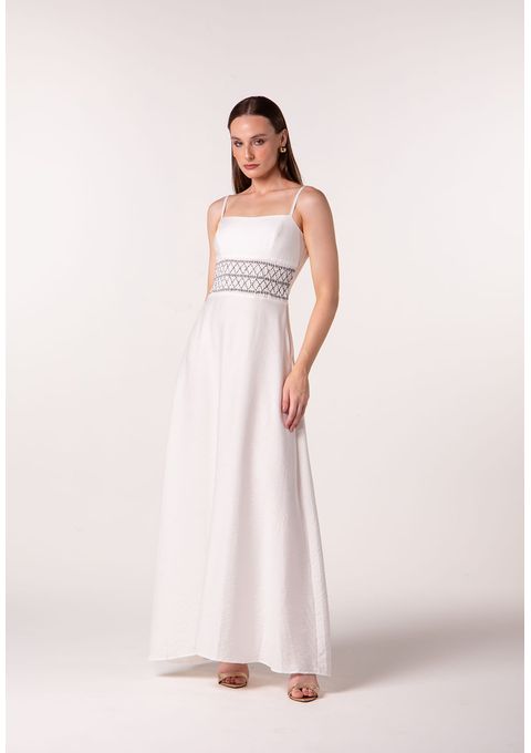 Vestido Longo com Alças Finas e Bordado