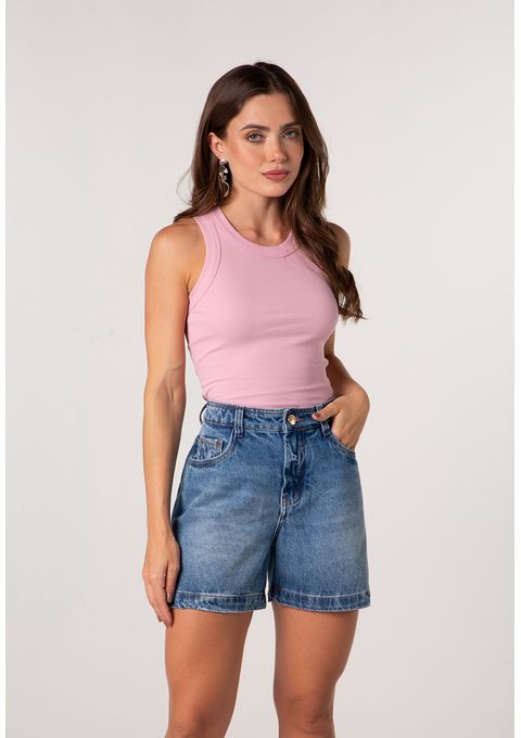 Bermuda Jeans Mom de Lavagem Escura e Cintura Alta