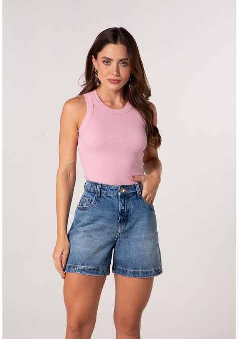 Bermuda Jeans Mom de Lavagem Escura e Cintura Alta