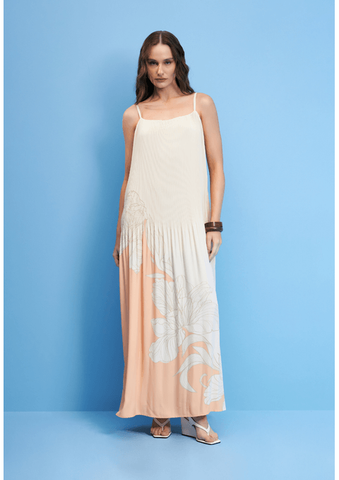 Vestido Longo Plissado com Estampa Suave