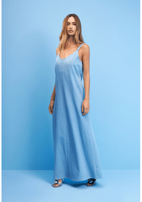 Vestido Longo Jeans De Alças Finas