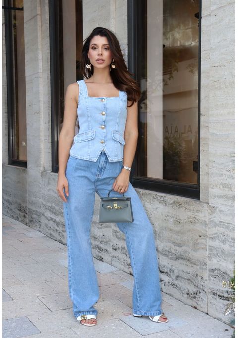 Calça Jeans Wide Leg Com Barra Tradicional