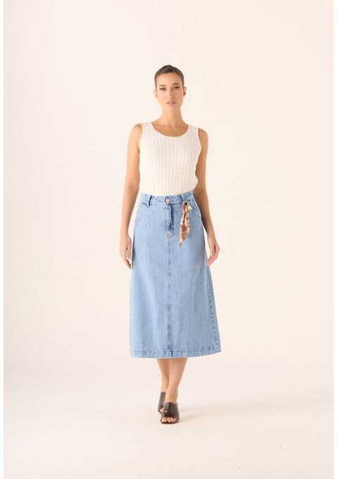 Saia Jeans Midi com Recorte Frontal